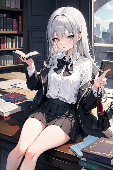 nsfw,Height: 152cm,18 years old,Silver semi-long straight hair,Gray Eyes,beautiful girl,whole body,Unbuttoned school uniform,Reading a book in the library,Anatomically correct,Attention to detail,Super detailed,Ultra-high resolution,Textured Skin