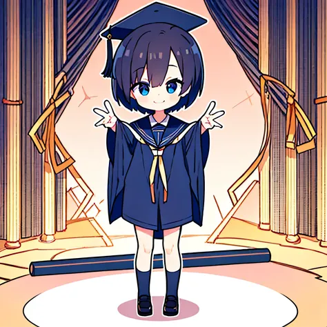 The joy of graduation, Short Straight Hair, Making a X sign with his hands,Academic Cap,And the gown, Standing pose,Smiling face, Big bright eyes, A focused and determined gaze,A sense of accomplishment and pride