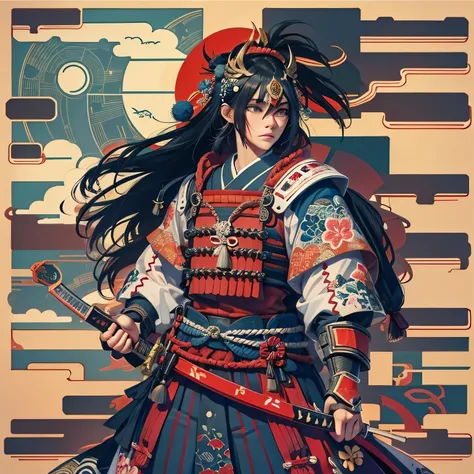 ukiyoe painting、logo、Pixel Art、Game、、Japanese flag、samurai、male、pocket、armor、