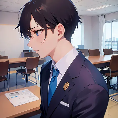 (looking away:1.5),shiny skin, masterpiece、Best Quality、cheek rest,
(25-year-old male:1.5) and (Black short hair) and (blue eyes), 
 (Wearing a suit:1.5) and (Blue tie)、
worried,The background is the conference room、（alone:1.5）