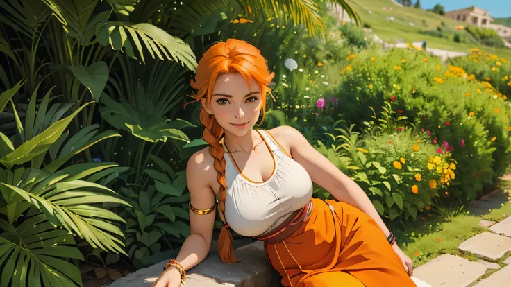 , upper body,FlammeFrieren, long hair, braid, (big breasts:1.3), greek clothes, sleeveless dress, armlet, bracelet, sandals, braid, orange hair, single braid, braided ponytail, bust shot, looking at viewer, (smile:0.7)