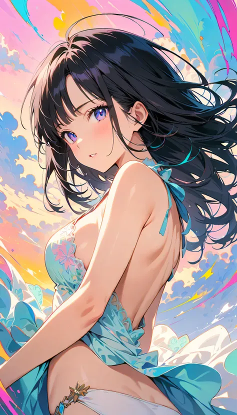 Best Quality, Very detailed, High resolution, Vibrant, masterpiece, Best Quality, Best aesthetics, One Woman, Super Fine, 8k, Very detailed, Beautiful Goddess, Pastel colored clouds, Pop Art, Delicate and dynamic, Pastel Color Fantasy, Black Hair, official...