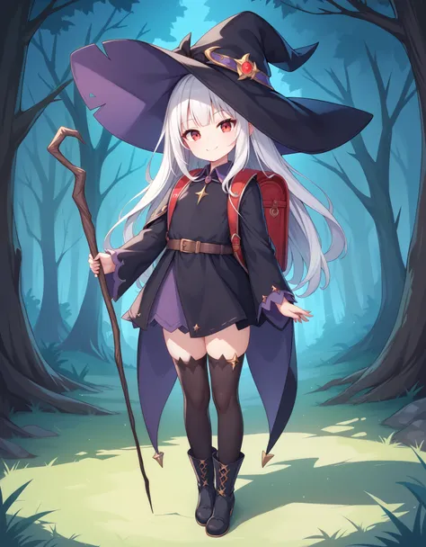 masterpiece, hd, 2d, top-quality, full body, witch's hat, belt to hat, white hair, long hair, smooth straight hair, , smile, red...