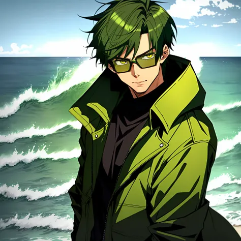 Anime-Man with short dark green hair and dark green coat，Yellow eyes，Glasses，With the ocean as the background