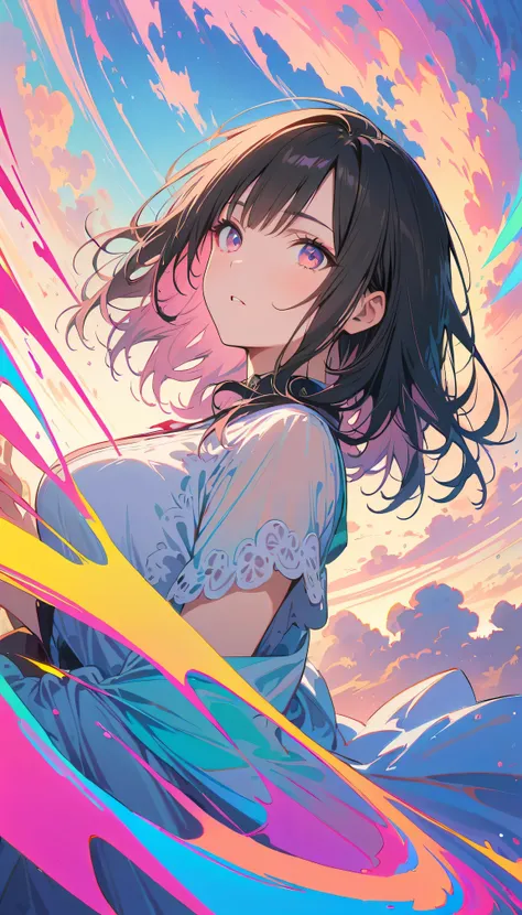 Best Quality, Very detailed, High resolution, Vibrant, masterpiece, Best Quality, Best aesthetics, One Woman, Super Fine, 8k, Very detailed, Beautiful Goddess, Pastel colored clouds, Pop Art, Delicate and dynamic, Pastel Color Fantasy, Black Hair, official...