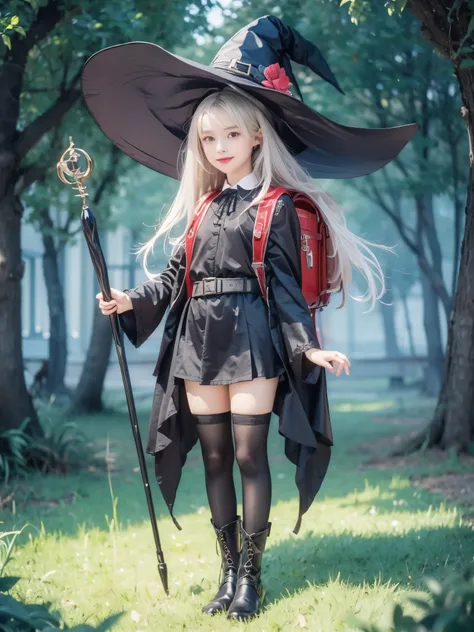 Masterpiece, hd,1girl realistic, cosplay, top-quality, full body, witchs hat, Belt to hat, white hair, long hair, Smooth straight hair, smile, a closed mouth, witchs robe, Witchs Wand, outdoor, Witchs Boots, looking at viewer, contrasted, wearing randoseru...