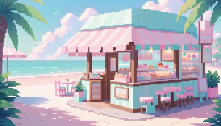 Lofi Cozy Dessert shop , pastel ,minimal ,Cute , Kawaii , beach