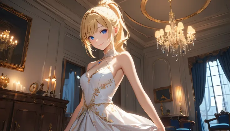 (((One Girl)), Ray Tracing, (Dim Lighting), [Detailed Background (Living Room)), ((Blonde Hair)), ((Fluffy Blonde Hair, Slender Girl)), High Ponytail))) Avoiding golden eyes in an ominous living room, delicate slender graceful curves, correct limbs, eye de...