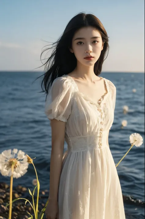 (((best quality))),(((ultra detailed))),(((masterpiece))),illustration, 1girl, Beautiful, young, slender, fragile, with shoulder-length straight hair, flowing, in a white dress, flat-chested, graceful, serene, standing, by the seaside, in autumn, with the ...