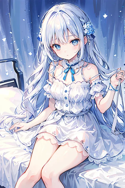 On a very big white bed, White pillow, White Light, There is one girl, Sit on the bed, Wearing a white princess dress, White Stockings, A blue ribbon is tied around the waist, There is a blue band on the wrist, Blue colored eyes, Long white hair, Delicate ...