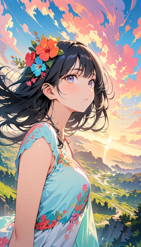 Best Quality, Very detailed, High resolution, Vibrant, masterpiece, Best Quality, Best aesthetics, One Woman, Super Fine, 8k, Very detailed, Beautiful Goddess, Pastel colored clouds, Pop Art, Delicate and dynamic, Pastel Color Fantasy, Black Hair, official...