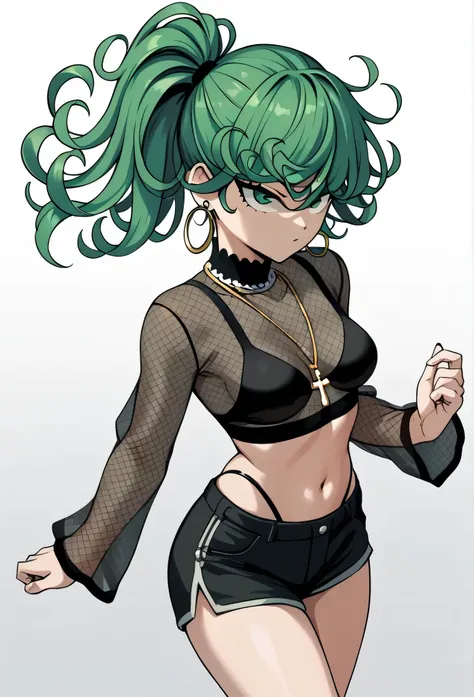 tatsumaki,green hair,curly hair,green eyes, long hair,medium breast , Ponytail, black bra, long sleeves, mesh crop top, shorts,black shorts,
highleg panties , earrings,hoop earrings,cross necklace,jewelry,poese.medium breasts
High Resolution, Masterpiece, ...
