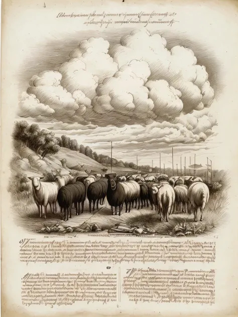 davincisketch ofshepherd, black sheep, shepherd, cloudy clouds, thunder, storm,, (explanatory text), black magic, 