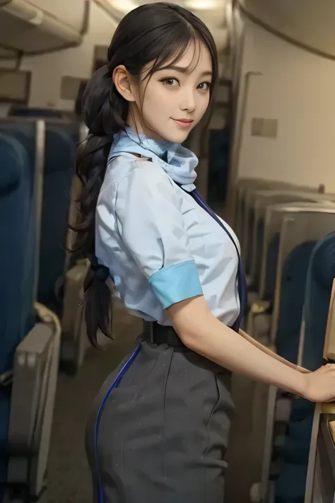 (masterpiece:1.2, Best Quality:1.2), 32K HDR, High resolution, (Alone、1 girl)、（On the roof of a building during the day、Professional Lighting）、Building rooftop background、（ANA cabincrew uniform blueを着たリアルスタイル）、（（ANA cabincrew uniform blue short sleeve blou...