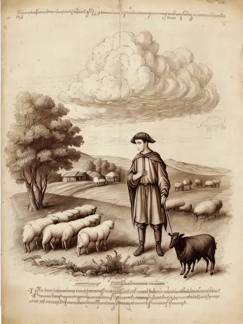 davincisketch of　shepherd boy, black sheep, shepherd, cloudy clouds, thunder, storm, (explanatory text), black magic, 