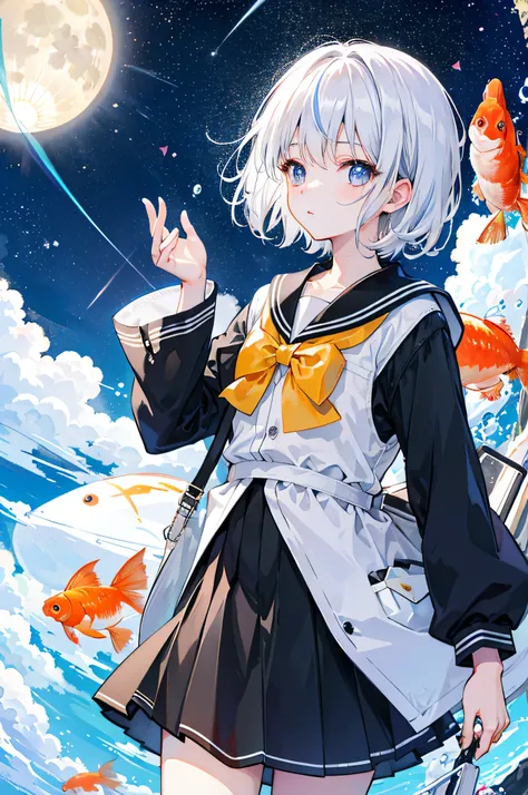 (woman(student, , ＪＫ, short hair, Silver Hair, Floating Hair, Space-colored eyes, Black Sailor Suit(High school), Pale skin, Tired face, No light in my eyes) Looking up at the sky), (Many goldfish swimming in the air), Beautiful sky, Beautiful Clouds, Colo...