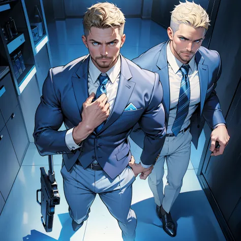 1 man, male focus solo,45 yo man,Stephen AMELL as private investigator,  lean muscle, blue shirt, marine blue businessman suit ,( tie) ,( big bulge), full body shot, dark blond short hair, well groomed facial hair, holding a gun with one hand, , ultra high...