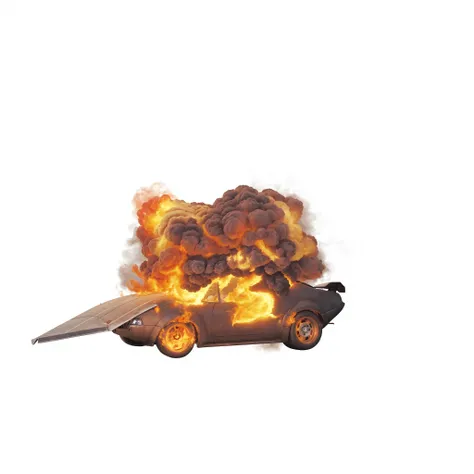 Close-up of a sports car with explosion and flames. The car exploded to form a mushroom cloud. There is a collapsed wall on the hood. There is fire at the tires. There are obvious flames. UE5 rendering, light and shadow rendering, more explosion details, r...