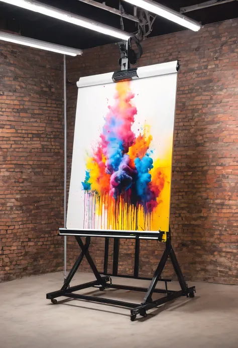 Modern graphic painting being photographed on an upright copy-stand, commercial studio, blackout, 4k advertising image.