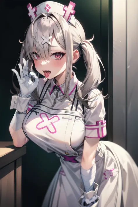 alone、sk1, white gloves, white apron, short sleeves, nurse, bandaged arm, wrist cuffs, white dress, fangs、embarrassed look、large...