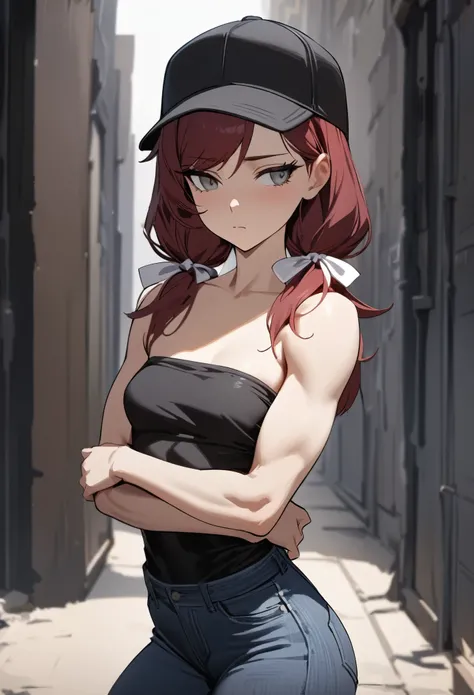 (masterpiece, best quality), Depressing, 1girl, stoic, looking to the side, beautiful face, Gray eyes, dark red hair, swept bangs, low twin tails, white ribbons, strapless black shirt, black baseball cap, jeans, small breasts, toned arms, biceps, holding o...