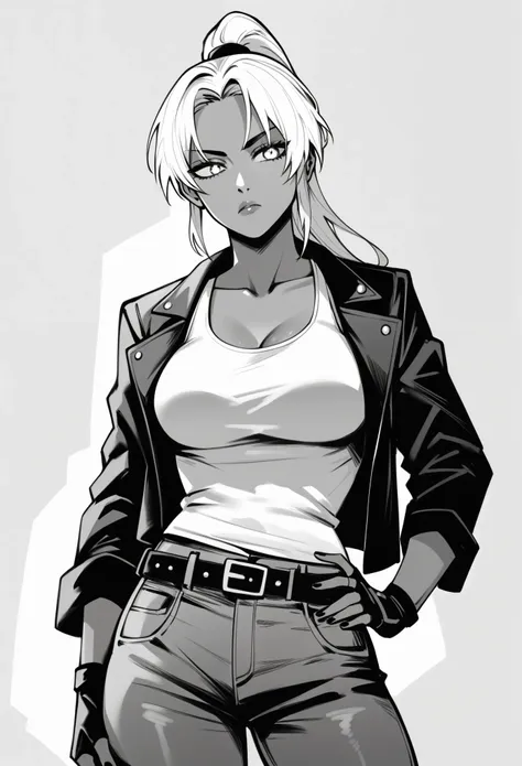 score_8_up, score_7_up, 1girl, solo, hand on hip, dark-skinned female, wearing (_top, black jacket, jeans, belt, fingerless glov...