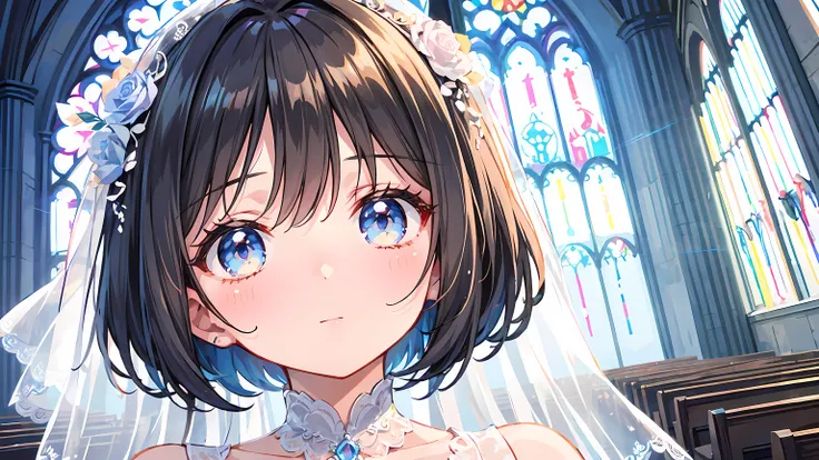 Anime Style,male,Woman face,Black Hair,Hair length is bob,Eye color: blue,Wedding Dress,The background is a church