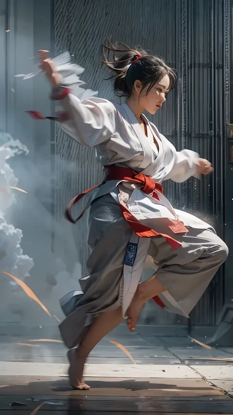 Realistic, Real person, solo、A very beautiful female martial artist participating in a fighting tournament, She was captured showing off a stunning backspinning kick in a dynamic pose., Flying through the air. The scene highlights her agility and fluidity ...