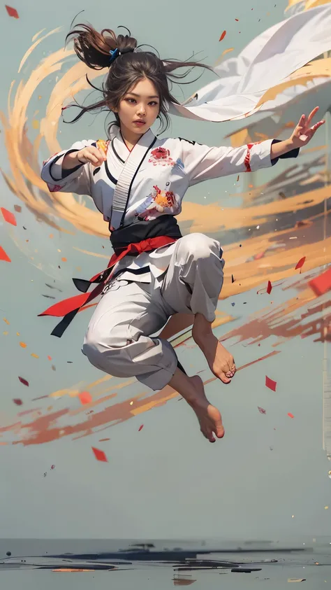 Realistic, Real person, solo、A very beautiful female martial artist participating in a fighting tournament, She was captured showing off her amazing shikiji in a dynamic pose., Flying through the air. The scene highlights her agility and fluidity of moveme...