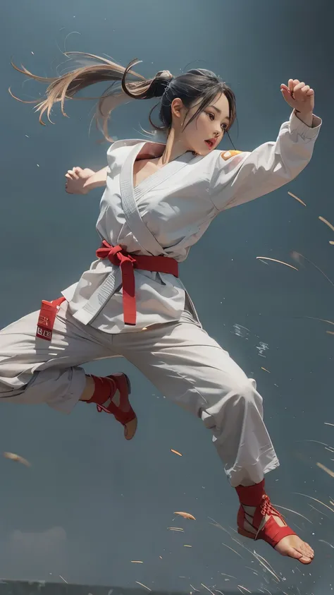 Realistic, Real person, solo、A very beautiful female martial artist participating in a fighting tournament, She was captured showing off her amazing jumping moves in dynamic poses., Flying through the air. The scene highlights her agility and fluidity of m...