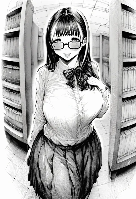 score_9, score_8_up, score_7,detailed, greyscale, monochrome, , hirune  style, blush, medium chest, curvy, glasses, long hair, s...