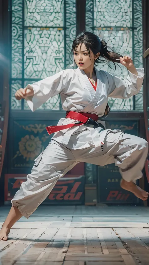 Realistic, Real person, solo、A very beautiful female martial artist participating in a fighting tournament, She was captured showing off her amazing walking style in a dynamic pose., Flying through the air. The scene highlights her agility and fluidity of ...