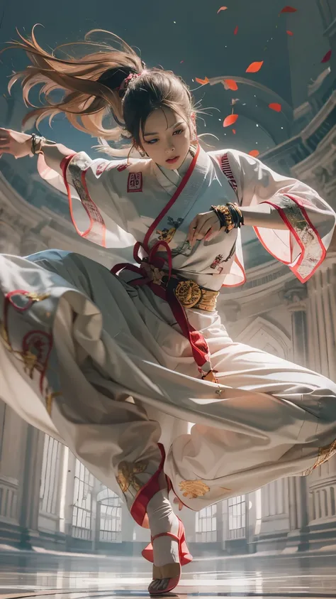 Realistic, Real person, solo、A very beautiful female martial artist participating in a fighting tournament, She was captured performing a magnificent dance with dynamic poses., Flying through the air. The scene highlights her agility and fluidity of moveme...