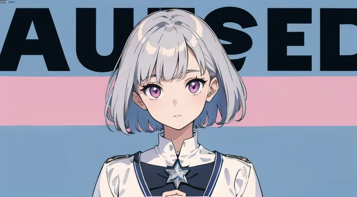 masterpiece, Best Quality, Super detailed, Very short silver haircut, Pink Eyes, Like a magazine cover, Holding a small star badge in each hand, whole body, Casual clothing, Blue background