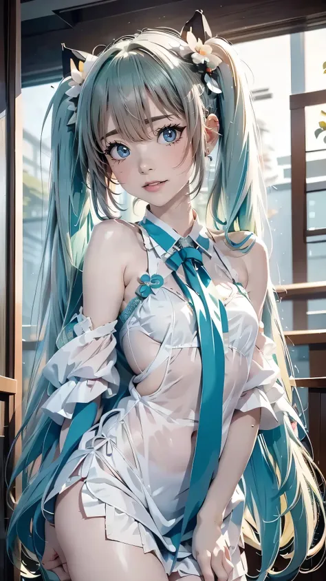 hatsune miku、sexy very beautiful face sexy  finnish cute girl、the long bangs that hang over the eyes are、awakened super long sil...