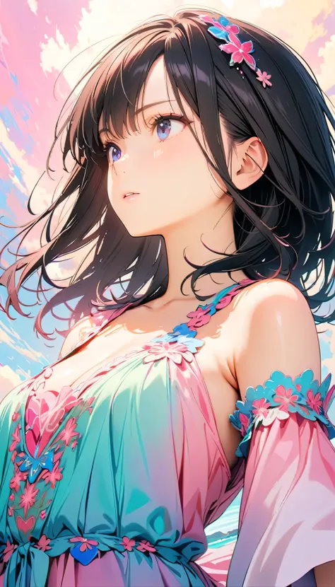 Best Quality, Very detailed, High resolution, Vibrant, masterpiece, Best Quality, Best aesthetics, One Woman, Super Fine, 8k, Very detailed, Beautiful Goddess, Pastel colored clouds, Pop Art, Delicate and dynamic, Pastel Color Fantasy, Black Hair, Official...