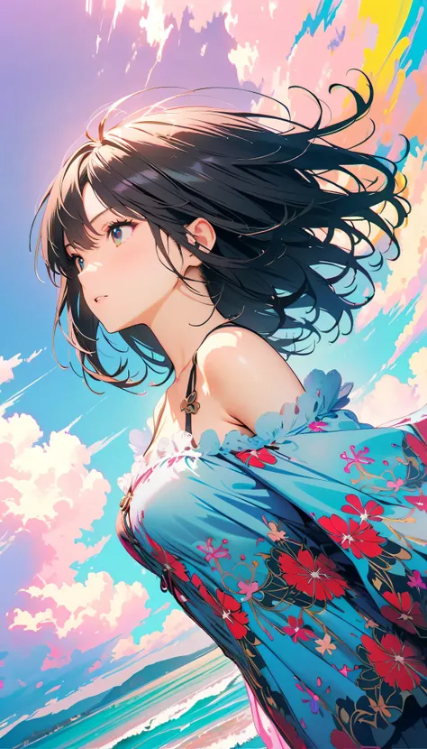 Best Quality, Very detailed, High resolution, Vibrant, masterpiece, Best Quality, Best aesthetics, One Woman, Super Fine, 8k, Very detailed, Beautiful Goddess, Pastel colored clouds, Pop Art, Delicate and dynamic, Pastel Color Fantasy, Black Hair, Official...