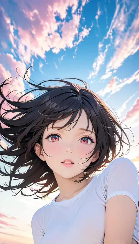 Best Quality, Very detailed, High resolution, Vibrant, masterpiece, Best Quality, Best aesthetics, One Woman, Super Fine, 8k, Very detailed, Beautiful Goddess, Pastel colored clouds, Pop Art, Delicate and dynamic, Pastel Color Fantasy, Black Hair, Official...