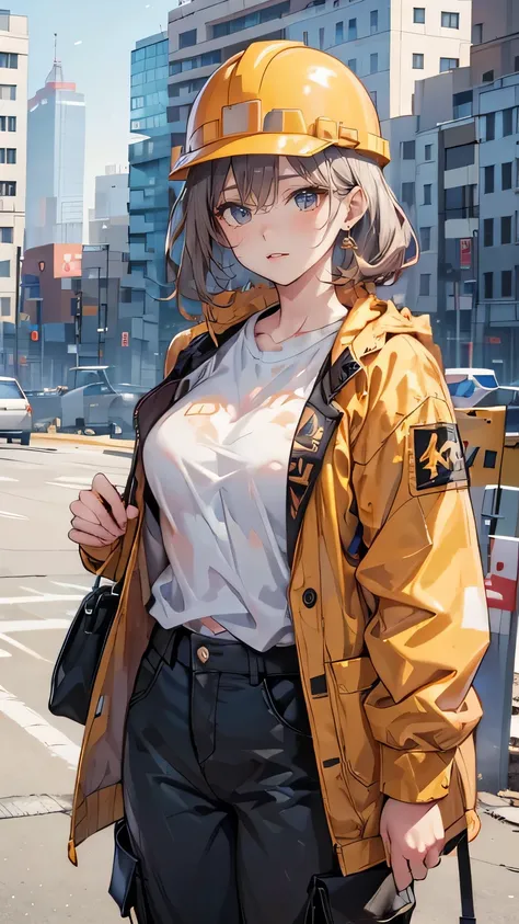 Girl at the construction site, Wear a long-sleeved shirt, Cargo pants, helmet, and holding a Powerful methods in her hand.

(High resolution,4K,Please redeem:1.2),Very detailed,(Realistic:1.37),Large-scale construction site,professional,Industrial Lighting...