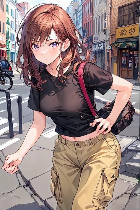 Brown Hair，Shortcuts，Messy Hair，Slender beauty，Hall々A positive attitude，Small breasts，Beautiful legs，Super Resolution,
(Realistic:1.3),
(1 slim girl), Stylish girl, fashion,
Young Face, , ,
(slim) thigh,
(Black T-shirt), (Loose cargo pants),
gravure,
break...