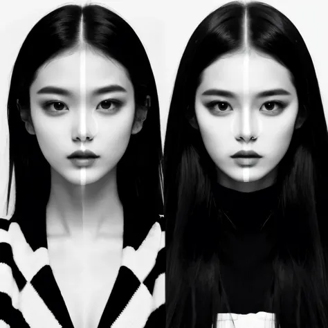 Op Art Fashion, Black and White, Optical illusion, Contoured curves、Models with stripes on their faces