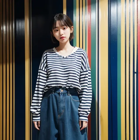 Expressionism、Vertical striped background、Vertical striped backgroundに溶け込むようなデザインのファッションの女性モデル、A woman who camouflages herself and blends into the background