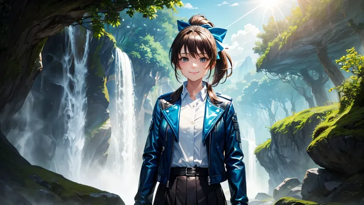 1girl, solo, dense forest, cave, trees, sun, clouds, fantasy, ponytail, ((opened blue leather jacket)), button down shirt, ((white shirt)), brown eyes, skirt, smile, looking at the viewer, standing, hair ribbon, brown hair