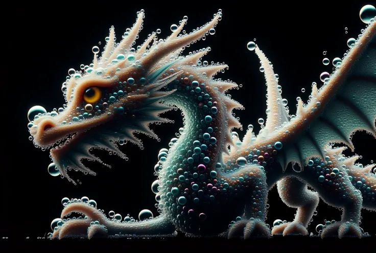 a highly detailed digital artwork featuring a fantastical, dragon-like creature set against a pitch-black background.