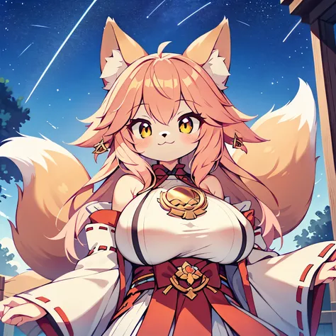 Fox girl, furry, furry, golden fur, golden face fur, long pink hair, reddish-orange gradient eyes, super cute face, brown element on fur, miko, beautiful lights and shadows, ambient light, super fine fur, volumetric light, night, clouds and stars in the sk...