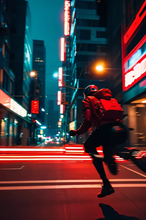 a delivery biker runs in the streets, he wears a squared red backpack and a red jacket, night, the lights of the city gives a futuristic ambient, the background is blurred by movement of speed