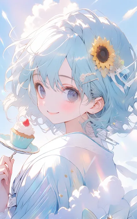 "A little tea in the clouds"
prompt: Cute miniature girl serving tea on a fluffy cloud, Blue Hair,Shortcuts,Trimmed bangs,Black Eyes,White hairpin,Sunflower hair accessory,smile,Pastel colored tea set, Floating Cupcake, Soft, dreamy lighting, Dreamy sky ba...