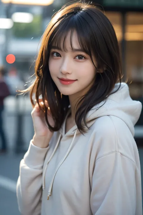 (8k、RAW Photos、Best Quality、masterpiece:1.2)、(Realistic、Photorealistic:1.37)、Ultra-detailed、Ultra-high resolution、1 girl、Random pose、Seeing the viewer、Beautifully detailed face、narrow、Hoodie、 Medium Hair、Disheveled Hair, Asymmetrical bangs、Beautiful detail...