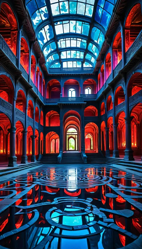 "((Glass labyrinth palace:1.5)), A colossal palace made entirely of transparent, multi-colored glass. Each section of the palace shifts in hue, from deep ruby reds to electric blues, as light passes through the structure. The walls are ever-changing, movin...