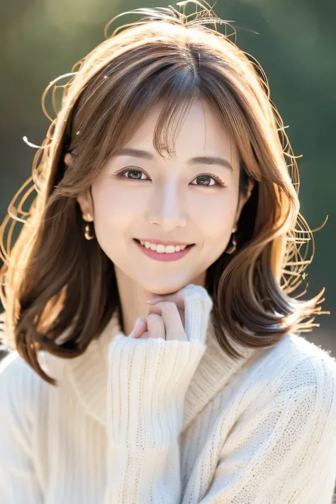 Japanese women, 40s, Adult female、Background white, simple background, White brown hair, slender, 4K, 8k, High image quality, beauty products, Beautiful Eyes, Simple, High resolution,1 person,Beautiful Skin,Beautiful Skin,Wearing a white knit,winter,smile,